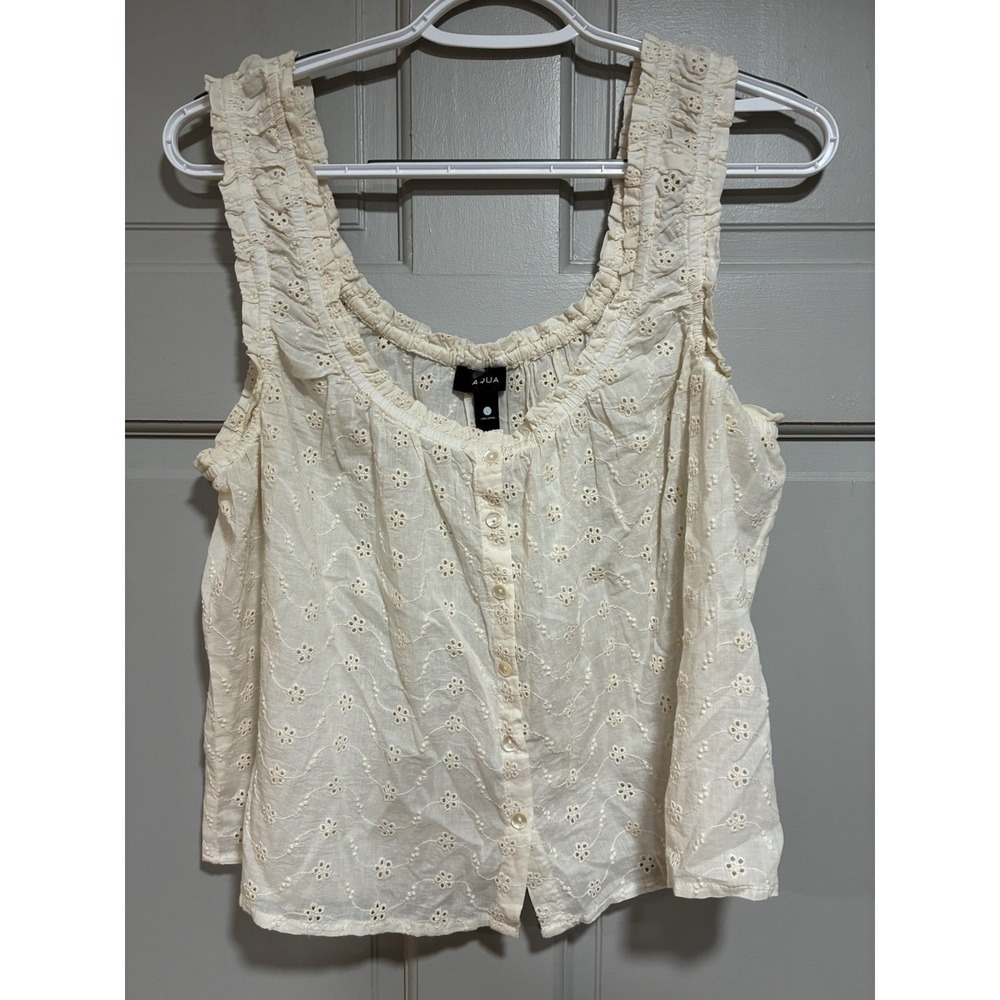Aqua Women's Cream Eyelet Ruffle Tank Top Size Large Lightweight Button Down